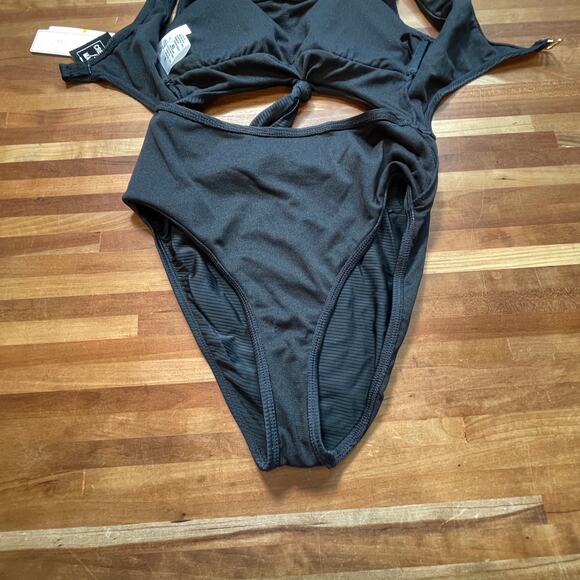 Salt+Cove Sizzle Ribbed Knot-Front One-Piece Swimsuit Black S - Picture 4 of 8